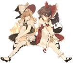  apron ascot blonde_hair bobby_socks bow braid brown_eyes brown_hair detached_sleeves hair_bow hair_tubes hakurei_reimu hat kirisame_marisa long_hair looking_at_viewer mary_janes multiple_girls open_mouth pig_ggul red_eyes ribbon-trimmed_sleeves ribbon_trim shoes simple_background sitting socks star thighhighs touhou waist_apron white_background white_legwear witch_hat yin_yang 