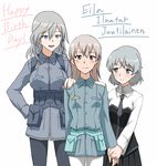  aurora_e_juutilainen birthday blush character_name eila_ilmatar_juutilainen green_eyes grey_hair hakuyou-choun hand_on_shoulder happy_birthday holding_hands long_hair military military_uniform multiple_girls pantyhose platinum_blonde_hair purple_eyes sanya_v_litvyak short_hair siblings sisters smile strike_witches uniform white_background world_witches_series 