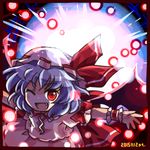  :d bat_wings blue_hair danmaku fang hat lowres one_eye_closed open_mouth outstretched_arms pote_(ptkan) red_eyes remilia_scarlet ribbon short_hair smile solo touhou wings 