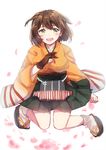  brown_hair gloves green_eyes hiryuu_(kantai_collection) japanese_clothes kantai_collection komachi_narota open_mouth short_hair skirt smile solo 