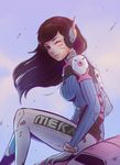  ;) acronym arm_support bangs black_hair blurry bodysuit bracer brown_eyes clothes_writing cloud d.va_(overwatch) day depth_of_field english facial_mark floating_hair from_side gloves headphones knees_up koyorin light_smile long_hair looking_at_viewer looking_back one_eye_closed outdoors overwatch parted_lips robot_ears sitting sky smile solo turtleneck watermark web_address whisker_markings wind 