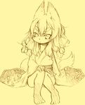  animal_ears bell fox_ears fox_tail furry hair_bell hair_ornament kishibe long_hair monochrome simple_background solo tail 