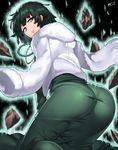  ass black_hair dress fubuki_(one-punch_man) green_dress green_eyes jacket_on_shoulders jewelry jjune looking_back necklace one-punch_man pantylines parted_lips pearl_necklace rock short_hair solo taut_clothes 