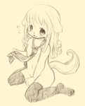  animal_ears blush furry kishibe long_hair monochrome nude simple_background sitting smile solo tail thighhighs wariza 