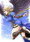 :d angel_wings armor armored_dress black_wings blonde_hair boots breasts breath_of_fire breath_of_fire_ii clash_kuro_neko cloud day dress green_eyes highres large_breasts legs long_hair long_legs looking_at_viewer nina_(breath_of_fire_ii) open_mouth side_slit sky smile solo thighs wings 