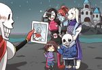  3boys :d androgynous animal_ears big_cat_shan black_hair blue_eyes blush brown_hair castle eyepatch fangs frisk_(undertale) goat_ears goat_girl grin head_fins heart horns mettaton_ex monster_girl multiple_boys multiple_girls open_mouth papyrus_(undertale) parody ponytail sans self_shot shirt shorts smile striped striped_sweater sweater tablet_pc taking_picture toriel undertale undyne v yellow_eyes you're_doing_it_wrong 