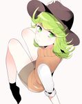  alternate_costume bangs flipped_hair from_above green_eyes green_hair hand_on_headwear hat no_shoes one-punch_man short_hair simple_background sitting sleeves_rolled_up socks solo swept_bangs tatsumaki yudacocco 