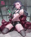  bare_shoulders belt black_footwear black_gloves blue_hair boots braid breasts bullet choker coat danann fingerless_gloves full_body gloves grey_legwear gun highres holding holding_weapon jinx_(league_of_legends) league_of_legends long_hair looking_at_viewer midriff mouth_hold nail_polish navel off_shoulder parted_lips pink_eyes shorts small_breasts smoke solo spikes squatting tattoo text_focus thighhighs very_long_hair weapon 