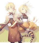  1girl ahoge blonde_hair blue_eyes bow brother_and_sister bubble_skirt candy cape cravat food hair_bow halloween iritoa kagamine_len kagamine_rin lollipop one_eye_closed ponytail popped_collar short_hair siblings skirt smile striped striped_legwear thighhighs twins vocaloid 