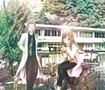  1girl bangs blonde_hair brown_eyes brown_hair clinic doctor drinking hand_in_pocket higurashi_no_naku_koro_ni hinamizawa irie_kyousuke kotoki_ayami labcoat long_hair necktie pants parted_bangs sitting smile sunlight takano_miyo tree 