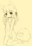  animal_ears blush flat_chest furry kishibe long_hair monochrome nude simple_background solo tail 