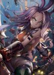  akais bare_shoulders breasts god_eater god_eater_3 green_eyes long_hair lulu_baran medium_breasts multicolored_hair parted_lips purple_hair scard solo sword weapon 