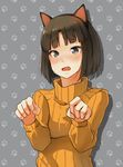  animal_ears blue_eyes blush bob_cut brown_hair cat_ears fake_animal_ears fang hairband heart heart-shaped_pupils highres looking_at_viewer noccu open_mouth orange_shirt paw_pose ribbed_sweater shirobako shirt short_hair solo sugie's_wife_(shirobako) sweater symbol-shaped_pupils turtleneck upper_body 