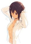  breasts cleavage dress_shirt drying drying_hair hair_between_eyes kinta_(distortion) medium_breasts naked_shirt navel open_clothes open_shirt original purple_eyes purple_hair shirt short_hair simple_background solo towel wet white_background 