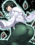  ass black_hair dress from_behind fubuki_(one-punch_man) green_eyes highres jacket jacket_on_shoulders jewelry jjune looking_back necklace one-punch_man pantylines rock short_hair solo 