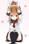  anchor_symbol animal_ears arms_up blush brown_eyes brown_hair bunny_ears folded_ponytail gurantsu inazuma_(kantai_collection) kantai_collection kneehighs long_hair neckerchief school_uniform serafuku skirt solo 