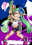 1girl bike_shorts blush domino_mask fangs green_hair holding holding_weapon ink_tank_(splatoon) inkling jacket long_hair looking_at_viewer mask navel open_clothes open_jacket open_mouth paint_splatter pointy_ears print_shirt purple_eyes shirotake_jinan shirt shoes signature single_vertical_stripe sketch smile sneakers solo splatoon_(series) splatoon_1 splattershot_(splatoon) squid standing super_soaker tentacle_hair weapon white_shirt 