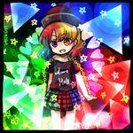  :d bare_shoulders chain clothes_writing collar danmaku hat hecatia_lapislazuli long_hair lowres multicolored multicolored_clothes multicolored_skirt open_mouth polos_crown pote_(ptkan) red_eyes red_hair shirt skirt smile solo t-shirt touhou 