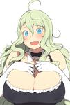  @_@ accio ahoge blue_eyes blush bow bowtie breasts cleavage covered_nipples detached_collar elbow_gloves gloves green_hair huge_breasts looking_at_viewer original simple_background solo sweatdrop uneri_spirala white_background white_gloves 