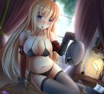  absurdres arm_support bismarck_(kantai_collection) blonde_hair blue_eyes blush book breasts curtains desk_lamp detached_sleeves gloves guardian-panda halterneck highres inkwell kantai_collection lamp large_breasts long_hair mouth_hold side-tie_bottom solo thighhighs tissue tissue_box window 