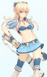  arrow blonde_hair blue_bra blue_legwear boots bow_(weapon) bra breasts cropped_jacket dan_(kumadan) earrings elf hair_ribbon highres jewelry long_hair looking_at_viewer midriff miniskirt navel official_art original pink_eyes pointy_ears puffy_short_sleeves puffy_sleeves ribbon short_sleeves skirt small_breasts smile solo strapless strapless_bra thigh_boots thighhighs two_side_up underwear weapon wrist_cuffs zettai_ryouiki 
