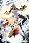  bald black_sclera blonde_hair broken building cape clenched_hand commentary cyborg destruction empew genos gloves looking_at_viewer male_focus multiple_boys official_style one-punch_man open_mouth red_gloves saitama_(one-punch_man) short_hair smile white_cape yellow_eyes zipper 