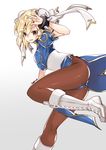  218 black_legwear blonde_hair blush boots bracelet breasts brown_eyes bun_cover china_dress chinese_clothes chun-li chun-li_(cosplay) cosplay cross-laced_footwear djeeta_(granblue_fantasy) double_bun dress granblue_fantasy jewelry knee_boots lace-up_boots medium_breasts open_mouth panties pantyhose pelvic_curtain sash short_hair smile solo spiked_bracelet spikes street_fighter underwear white_footwear 