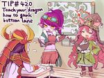  armor class dragon dragon_tamer_lulu dragon_tamer_tristana english goggles goggles_on_head hat helmet league_of_legends long_hair lulu_(league_of_legends) map midriff multiple_girls navel nisimorou open_mouth pointy_ears ponytail purple_hair purple_skin shyvana tristana white_hair yordle 