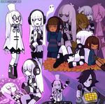  2015 alternate_costume androgynous artist_name black_hair blue_(hopebiscuit) cape closed_eyes cousins frisk_(undertale) glasses hat headphones long_hair mad_dummy_(undertale) mettaton_ex microphone napstablook personification phonograph shorts snail solid_circle_eyes striped striped_sleeves striped_sweater sweater top_hat turntable undertale white_eyes white_hair white_skin yellow_eyes 