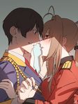  1girl aiguillette amagi_brilliant_park amino_(tn7135) antenna_hair bad_id bad_pixiv_id blush brown_eyes brown_hair epaulettes eye_contact from_side hand_on_another's_face imminent_kiss kanie_seiya long_hair looking_at_another military military_uniform parted_lips ponytail sento_isuzu sidelocks uniform upper_body 