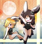  ;d animal_ears arm_support arm_up armpits bare_arms black_hair blonde_hair bow bowtie bunny_ears bunny_girl bunny_tail bunnysuit chibi fishnet_pantyhose fishnets full_moon hair_ribbon hand_on_leg hat knees_up looking_at_viewer maribel_hearn moon multicolored multicolored_background multiple_girls one_eye_closed open_mouth pantyhose purple_eyes red_eyes ribbon shadow short_hair sideways_glance sitting smile sparkle standing standing_on_one_leg tail touhou tsukiori_sasa usami_renko wrist_cuffs 