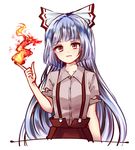  bad_id bad_pixiv_id bow fire flame fujiwara_no_mokou hair_bow highres long_hair looking_at_viewer open_mouth pants red_eyes shirt silver_hair smile solo suspenders torn_clothes torn_sleeves touhou upper_body uranaishi_(miraura) very_long_hair 