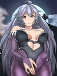  ahoge animal_print bangs bat_print blurry blush braid breasts bridal_gauntlets cloud cosplay depth_of_field fingernails full_moon granblue_fantasy grey_hair hair_between_eyes heart_cutout katte_ni_kappa large_breasts leotard long_hair looking_at_viewer midriff moon morrigan_aensland morrigan_aensland_(cosplay) night night_sky pantyhose print_legwear purple_legwear silva_(granblue_fantasy) sky solo twin_braids vampire_(game) very_long_hair yellow_eyes 