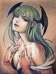  2015 :d aqua_hair artist_name bangs bare_shoulders bridal_gauntlets green_eyes green_hair hands hands_on_own_chest head_wings jurithedreamer long_hair morrigan_aensland open_mouth smile solo traditional_media upper_body v-shaped_eyebrows vampire_(game) 
