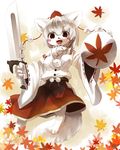  animal_ears blush breasts covered_nipples furrification furry hat inubashiri_momiji kishibe leaf looking_at_viewer medium_breasts open_mouth shield short_hair skirt smile solo sword tail tokin_hat touhou weapon white_hair wolf_ears wolf_tail 