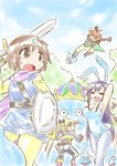  animal_ears bunny_ears bunnysuit cosplay dragon_quest dragon_quest_iii fighter_(dq3) fighter_(dq3)_(cosplay) goshiki_agiri jester_(dq3) kicking kill_me_baby king_slime kogaku_kazuya long_hair multiple_girls oribe_yasuna pantyhose roto roto_(cosplay) shield slime slime_(dragon_quest) sonya_(kill_me_baby) sword thief_(dq3) unused_character weapon 