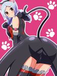  animal_ears aokura_shou armlet ass bare_shoulders black_legwear blue_hair blush cat_ears cat_tail detached_sleeves eas fake_animal_ears fresh_precure! frills from_behind frown higashi_setsuna highres hood leaning_forward looking_at_viewer paw_pose pink_background precure red_eyes short_shorts shorts simple_background solo tail thighhighs 