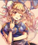  bad_id bad_pixiv_id blue_dress blush bun_cover chun-li chun-li_(cosplay) cosplay djeeta_(granblue_fantasy) dress granblue_fantasy koron_(tkhsrui) one_eye_closed pantyhose short_hair solo spikes street_fighter yellow_eyes 