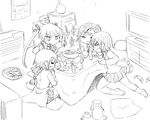  chopsticks food goshiki_agiri greyscale hair_ribbon kill_me_baby kogaku_kazuya kotatsu long_hair monochrome multiple_girls oribe_yasuna ribbon school_uniform short_hair skirt sonya_(kill_me_baby) sukiyaki table twintails unused_character 