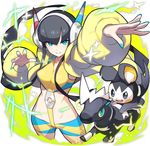  :&gt; black_hair blitzle blue_eyes cowboy_shot crop_top electricity emolga fur_coat gen_5_pokemon gym_leader headphones kamitsure_(pokemon) long_hair midriff nail_polish navel pokemon pokemon_(creature) pokemon_(game) pokemon_bw2 saitou_naoki short_hair short_shorts shorts smile sparkle very_long_hair 