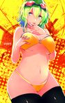  :p bare_shoulders bikini black_legwear blue_eyes breasts character_name cowboy_shot eyebrows eyebrows_visible_through_hair goggles goggles_on_head green_hair gumi hair_between_eyes hand_on_own_chest highres huge_breasts looking_to_the_side navel o-ring o-ring_bikini orange_bikini short_hair solo swimsuit tarbo_(exxxpiation) thighhighs tongue tongue_out underboob vocaloid 