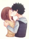  1boy 1girl black_hair boku_no_hero_academia brown_hair brown_shirt couple eyes_closed hetero highres hood hood_down hoodie horoyoi_(kkcp4442) kiss messy_hair midoriya_izuku shirt short_hair simple_background uraraka_ochako vest white_background 