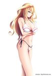  bad_anatomy bikini blonde_hair blue_eyes breast_hold breasts claudia_enfield crossed_arms gakusen_toshi_asterisk large_breasts long_hair mimelex side-tie_bikini solo standing swimsuit 