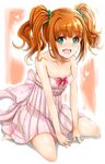  bad_id bad_pixiv_id bare_arms bare_shoulders brown_hair collarbone commentary_request dress green_eyes idolmaster idolmaster_(classic) inu_(marukome) open_mouth pink_dress scrunchie sitting smile solo strapless strapless_dress takatsuki_yayoi twintails wariza 