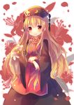  bad_id bad_twitter_id black_dress blonde_hair chinese_clothes dress flower hat junko_(touhou) lily_(flower) long_hair long_sleeves petals pjrmhm_coa red_eyes ribbon sash sketch smile solo tabard touhou very_long_hair wide_sleeves 