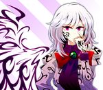  bad_id bad_pixiv_id bow breasts brooch covering_mouth dress expressionless facial_mark finger_to_eye hand_over_own_mouth jacket jewelry kaboom_(bunsyakaboom) kishin_sagume long_sleeves looking_at_viewer markings medium_breasts purple_background purple_dress purple_eyes short_hair silver_hair single_wing solo striped striped_background touhou upper_body white_background wings 