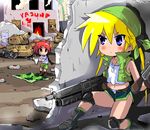  blonde_hair blue_eyes cosplay green_eyes ground_vehicle gun hat holding holding_panties kasamoto_eri kasamoto_eri_(cosplay) kill_me_baby knee_pads metal_slug midriff military military_vehicle motor_vehicle multiple_girls panties panties_removed ponytail red_hair romaji short_shorts shorts snk sonya_(kill_me_baby) t2 tank underwear unused_character weapon white_panties 