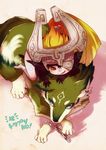  1girl artist_name blue_eyes fang helmet highres link link_(wolf) midna mitsubachi_koucha pointy_ears red_eyes smile the_legend_of_zelda the_legend_of_zelda:_twilight_princess translated wolf 