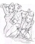  3girls cammy_white garrison_cap gloves hat juli juni leotard monochrome multiple_girls murata_yuusuke necktie scar sketch street_fighter white_background 