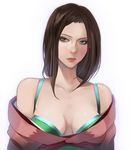  bra breasts brown_hair cleavage green_bra green_eyes highres koutarou_(farthest) lips long_hair medium_breasts off_shoulder original solo underwear upper_body 